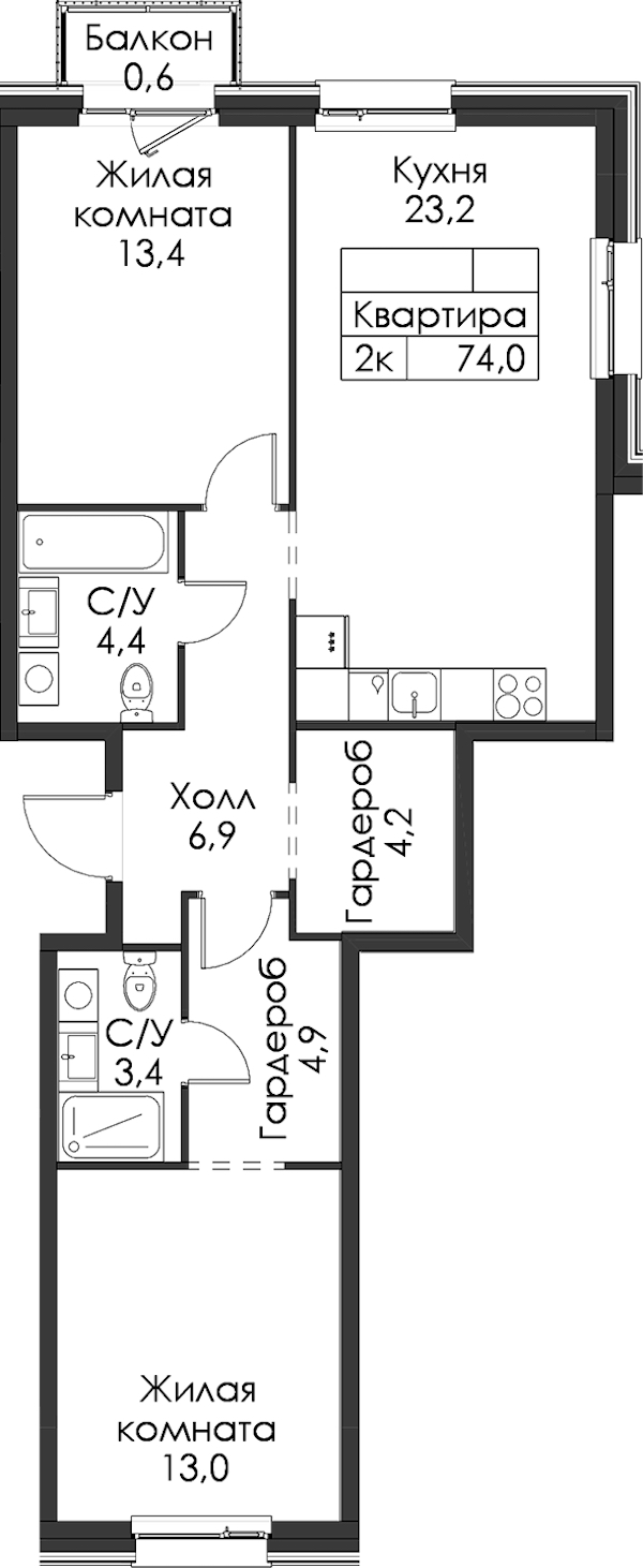 2-комнатная квартира 74 м², 3/12 эт., ЖК «Шкиперский 19»